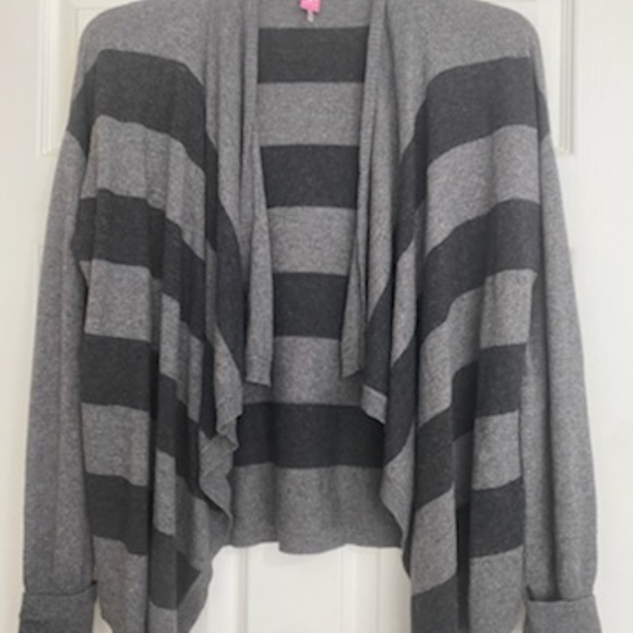 Basler stripe gray black cardigan 42 US 10 Waterfall draped cashmere Angora wool - Picture 1 of 8